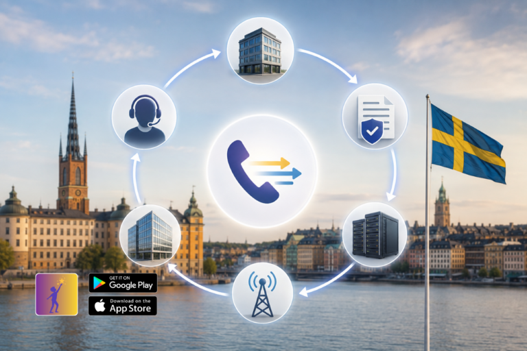Illustration som visar en processcykel för företagstelefoni mot en bakgrund av Stockholms silhuett och den svenska flaggan.